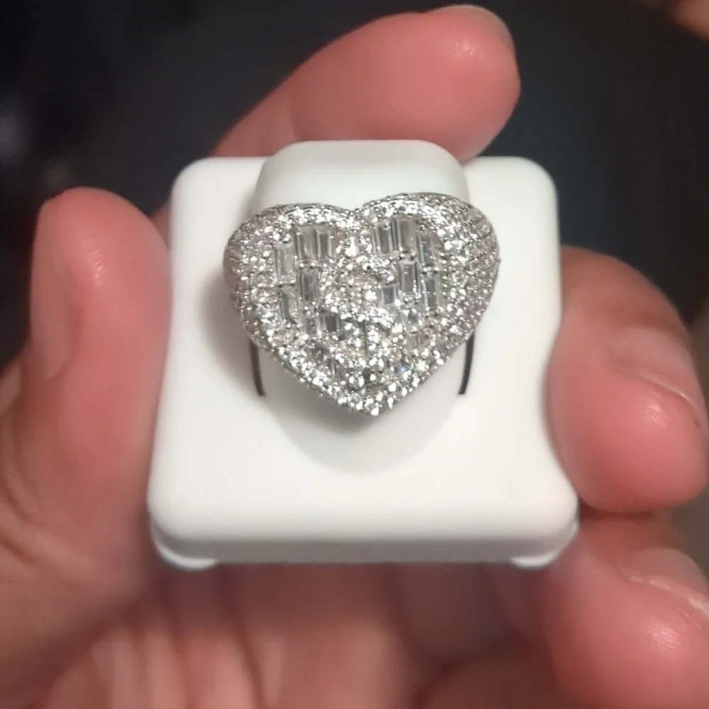 Iced out Sterling Silver Heart money sign Ring size 9